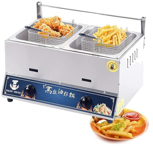DPLXFPP Friteuse À Gaz Grande Capacité 10l/20l, Friteuse À Gaz Professionnelle, Friteuse Au Gpl en Acier Inoxydable pour La Maison Et Le Commerce, Puissance Feu Réglable avec Paniers,20L