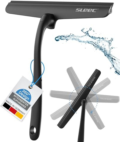 SLEEC Duschabzieher Cleanline 360 Grad drehbar, in Schwarz Made in Germany, Hochwertiger Duschabzieher mit integrierter Aufhängung ideal für Bad und Dusche, Badabzieher und Scheibenabzieher