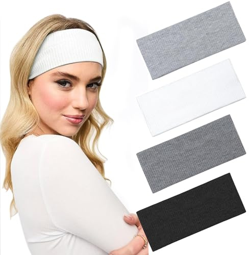 Blooms Stirnband Damen, 4 Stück Haarband Damen Elastisch Stirnbänder Breite Haarbänder Antirutsch Hairband Sport Yoga Fitness Laufen Exercise Gym (Schwarz Weiß Grau Dunkelgrau)