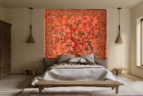 AVA Collections Orange Tapestry Tree of Life Wall Hanging Indian Cotton Boho Psychedelic Tapestry Cotton Bedspread Throw Picnic Mat Home Decor (Orange- Tree of Life, 90x84 inches (220x215 cm))