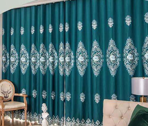 Bishilin Vorhänge Verdunklung mit Haken für Schiene, Gardinen Blickdicht 2er Set Blaugrün 96x160CM Landhausstil Stickerei mit Blumen Motiv Verdunkelungsvorhänge Kinderzimmer Schlafzimmer