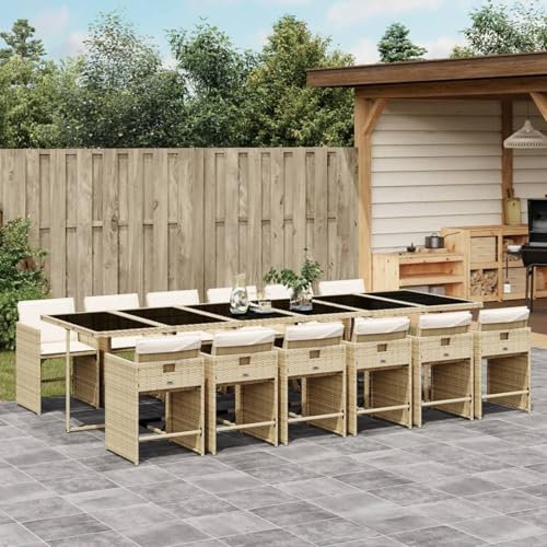 Somanki 13-TLG. Garten-Essgruppe mit Kissen Beige Poly Rattan, Esstisch Mit Stühlen Set, Gartenmöbel Sitzgruppe, Balkon Möbel, Gartenlounge Set, Terrassenmöbel, Balkonmöbel Set - 3211126