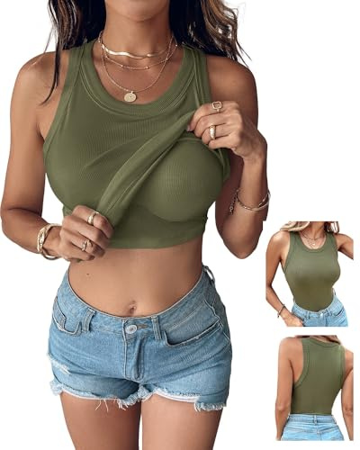 CHICME Women's Built-in Bra Sleeveless Tank Tops-Army Green-Large