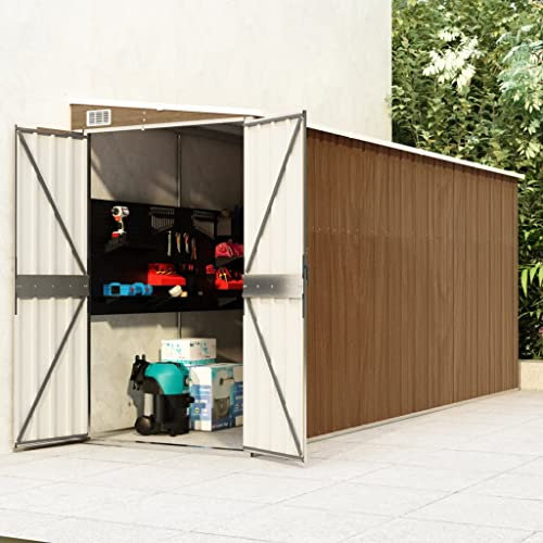 Sufrk Abri de jardin à mur marron 118 x 382 x 178 cm en acier galvanisé, maison de jardin pour outils, hangar en tôle d'acier avec toit incliné, rangement pour outils avec portes coulissantes