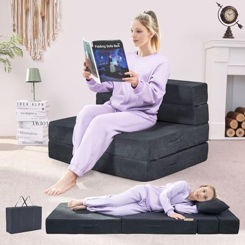 HILERO Folding Sofa Bed, Convertible Sleeper Chair Bed, Floor Sofa with Bag | Fold out chair bed/ couch bed, Foam floor futon sofa bed with pillow for guest/ visitor use as temporary floor bed, for adult