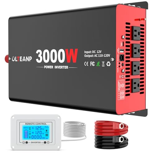 OLTEANP 3000 Watt Power Inverter 12V DC to 110V AC Car Inverter with 4 AC Outlets, 30W Type-C Port, 3.1A USB Port, Remote Controller on LCD Screen, Power Converter for Truck, Home, Vehicles,Trip