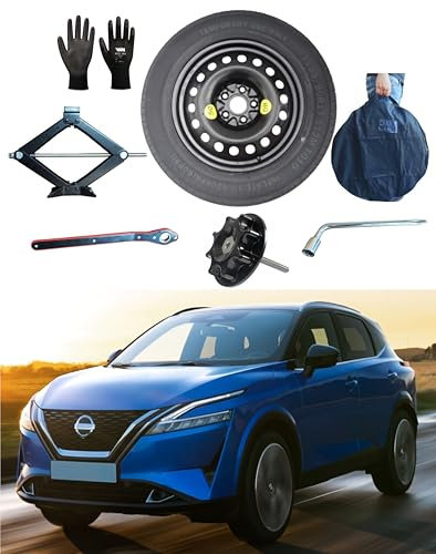 Kit Roue de secours Galette 17 compatible avec Nissan Qashqai J12 (2022>) avec Cric, Clé, Vis, Gants et Sac 155/90 R17