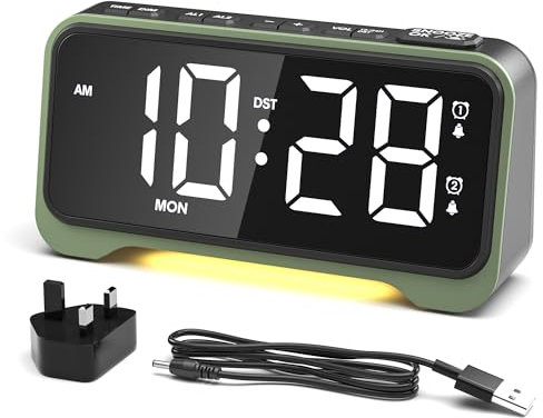 ROCAM Alarm Clock Beside for Heavy Sleepers & Teens, Digital Clock with White Bold Digits & Week Date Display, Type-C & USB Charging Port, 70-120dB, Dual Alarm, SNOOZE, 3-Night Light, Power-Off Memory