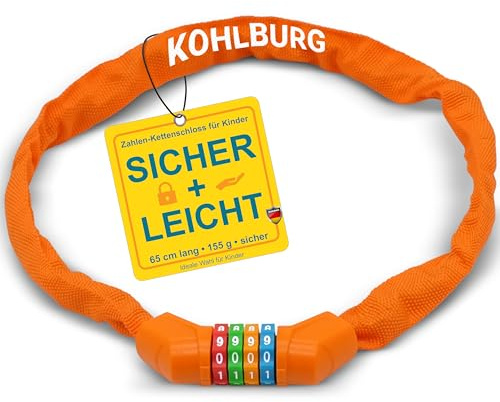 KOHLBURG Kinder Fahrradschloss Zahlenschloss 4 stellig [ohne Weichmacher, Stahlkette] - Kinderschloss für Jungen & Mädchen - Schloss mit Zahlencode Fahrrad Kinderfahrrad & Roller Kinderfahrradschloss