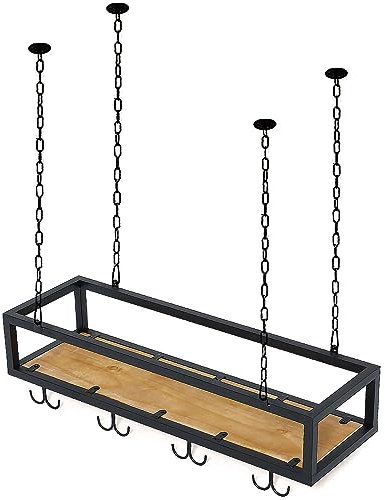 Generico Portabottiglie da Vino in Legno sospeso con portabicchieri e ripiano, portabottiglie da soffitto Industriale Regolabile in Altezza, portaoggetti per Bar e caffetteria (Colore: Nero, dimensio
