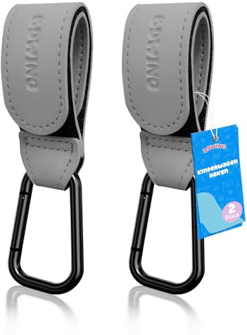 Bdwing Ganci per Passeggino Porta Borse in Pelle, 2 Pezzi Universali Accessori Passeggino per Appendere Borse, Zaini e Borsa della Spesa, Antiscivolo, Cuciture Forti (Grigio Argento)