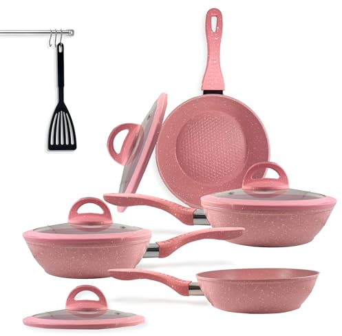 PARAMAISON Set Padelle Antiaderenti Set da 9 Pezzi con Coperchi in Vetro Temperato, Mono Manico Removibile, Senza Pfoa | Rosa