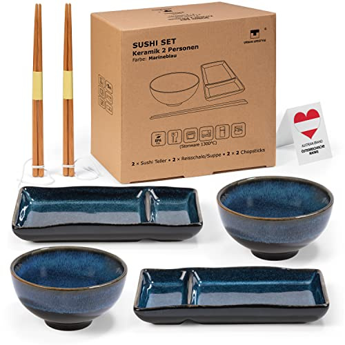 Urban Lifestyle Set Sushi pour 2 Personnes MISAKI Service Vaisselle en Grès avec Assiettes Sushi, Baguettes Japonaises en Bambou, Service de Table Style Vaisselle Japonaise Gris Bleu (Bleu Marine)