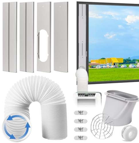 Aukney Portable AC Window Vent Kit, Adjustable Vertical/Horizontal Sliding Window Kit Plate for AC Unit, Seamless Portable AC Window Seal with 5.9 Inch Diameter, 59 Inch Length Exhaust Hose