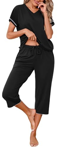 Uniexcosm Women's Pyjama Sets Summer Pyjamas Short Sleeve | Cute Printed Top and Pants Ladies Cotton Pyjamas with Pockets Drawstring Pjs Sets Sleepwear Nightwear Loungewear for Women