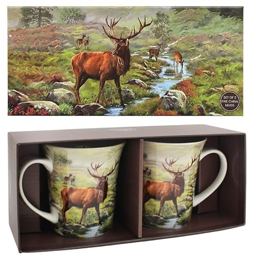 The Leonardo Collection Stag Mugs Set of 2 Macneil Studios, Tea and Coffee Mugs for Hot Drinks | Fine China Printed Mugs for Kitchen & Home | Reusable Ceramic Cups for Every Occasion