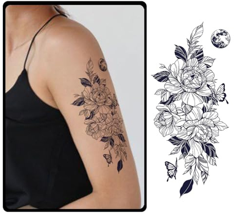 CHARLENT Semi-permanente Blumen Tattoos Damen, Rose, realistisch | 2 Wochen haltbare Blumen Fake Tattoos für Frauen, wasserfeste Body Art für Arm und Körper, verblassen natürlich