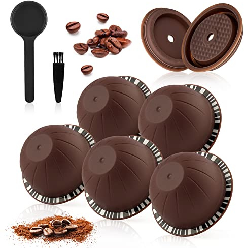 Lot de 5 capsules de café Vertuo réutilisables, 230 ml, compatibles avec les machines à café Nespresso Vertuo et VertuoLine, avec 2 couvercles de capsules de café réutilisables, cuillère et brosse