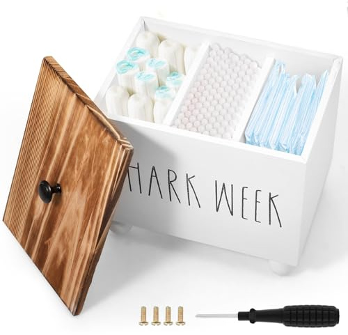 KEGAJEGA Soporte para tampón con 3 compartimentos, almacenamiento con tapa, madera, dispensador de almohadillas de algodón, soporte para tampón de baño, caja organizadora para bastoncillos de algodón
