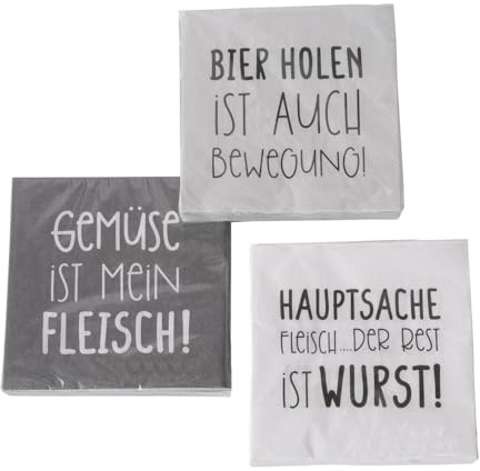 3 x 20 Servietten 'Grillen - Sprüche' weiß, grau - 3-lagig 33 x 33 cm