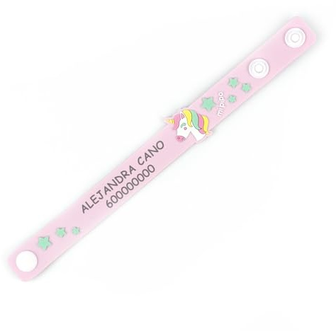 Mi Pipo - Pulsera Identificativa Niños - Modelo Unicornio | Pulseras de Silicona Personalizada Libre de BPA y Grabado Atóxico | Goma PVC Suave | Ajustable, Cómoda y Segura