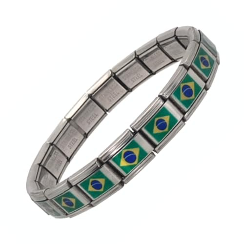 Feyma Pulsera con la Bandera de Brasil, Ordem e Progresso, Eslabones de Acero Inoxidable, Brazalete Ajustable para Hombre y Mujer, Regalo