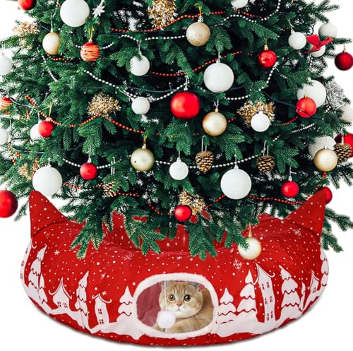 Kinlop Katzentunnel für Weihnachtsbaum, 80 cm, Katzen-Donut-Tunnelbett unter dem Weihnachtsbaum mit zentraler Matte, faltbar, warm, weich, Kätzchen-Höhle für Kätzchen, Kleintiere