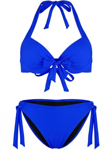 Ocean Blues Women's Push Up Bikini Set Underwire Halter Neck Top & Low Rise Cheeky Bottoms, Adjustable Ties