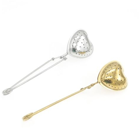 TOYANDONA 2PCS Heart Shape Tea Infuser Filter with Handle Stainless Steel Reusable Tea Strainer for Loose Leaf Brewing Silver and Gold