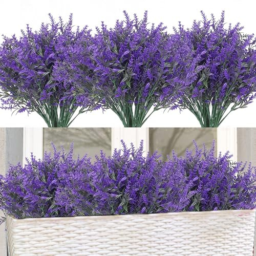 Toprooms 16 Bundles Artificial Flowers,Artificial Plants Outdoor UV Resistant Shrubs Plants for Hanging Planter Faux Plants Home Garden Wedding Porch Window Decor (Purple 16 pieces)