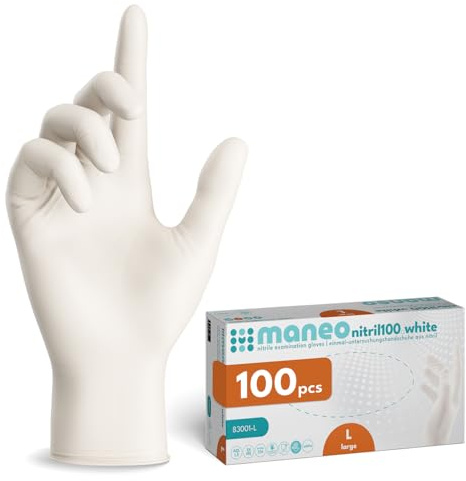 maneo 100x Einweghandschuhe Weiß, Nitril Handschuhe puderfrei L | Einmalhandschuhe, Handschuhe Einweg, latexfreie Gummihandschuhe, Nitrilhandschuhe, Putz-, Koch- & Haushalts-Handschuhe