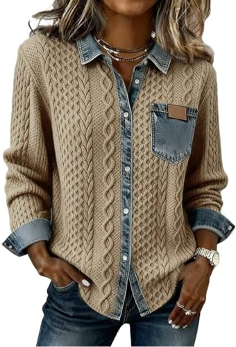 HanzhuoOu Chaqueta De Camisa Retro De Moda para Mujer, Nueva Camisa De Mezclilla De Punto Combinada para Otoño e Invierno L