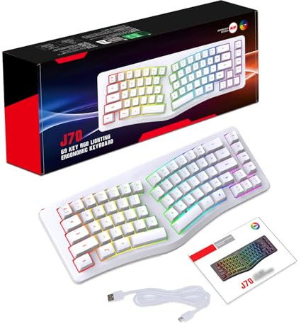 Jectse Clavier Ergonomique Filaire, Clavier divisé Silencieux à 69 Touches avec 18 Modes rétroéclairé RVB et Câble Détachable USB-C, pour Ordinateur de Bureau et Ordinateur Portable (White)