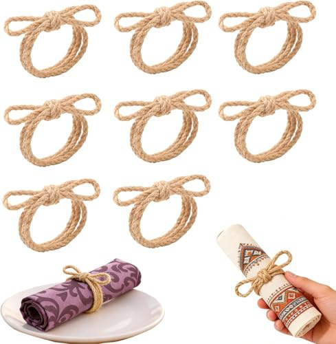 Rustic Napkin Rings Set of 8 – Natural Jute Boho Table Decor with Bowknot Detail, Country Style Napkin Holders for Weddings, Dinner Parties, Holidays & Everyday Dining