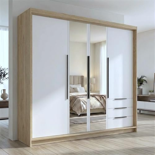 A&J MöbelLand VIVO Kleiderschrank 4-türig mit Spiegel und Schubladen – 200 x 215 cm – Drehtürenschrank mit Kleiderstange und Einlegeböden