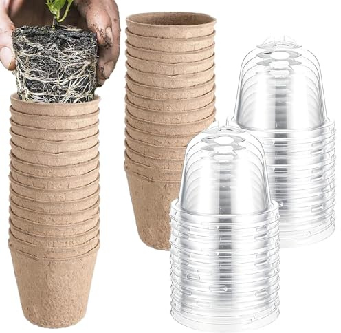 Vasi da Semina con Cupola | 30 Pezzi Contenitori Di Torba Traspiranti E Leggeri,Vasi Da Vivaio Con Fori Drenanti - per Fiori Ortaggi e Piante Crescita Trapianto Coltivazione Giardino Attività Esterno