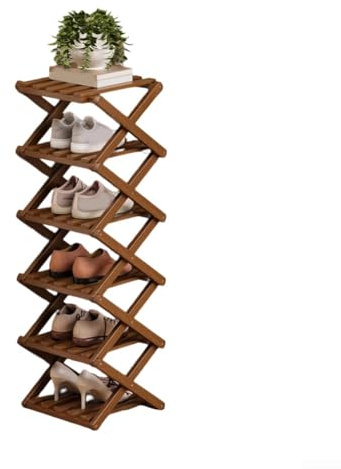 Zapatero plegable de madera, sin montaje, organizador entrelazado configurable de 2 a 9 niveles para entrada, dormitorio, almacenamiento de apartamentos (6 capas, marrón)