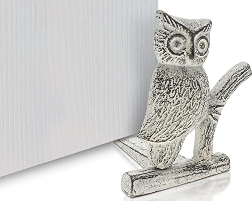 Cast Iron Owl Door Stop | Decorative Door Stopper Wedge | with Padded Anti-Scratch Felt Bottom | Vintage Design | 15.87x15.24x16.51cm by Comfify (Antique White)