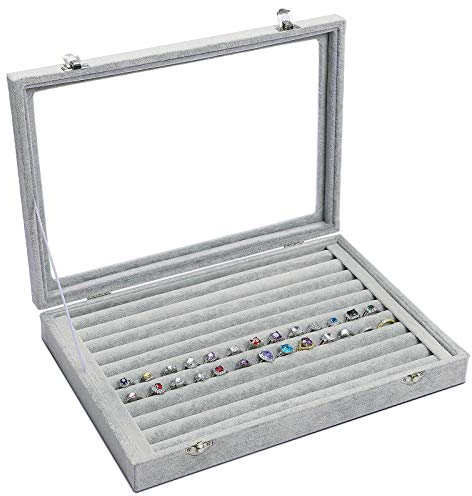 BASUWELL Velvet Glass Jewellery Ring Display Organiser Box Tray Holder Jewellery Earrings Storage Case