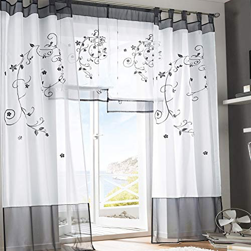SIMPVALE Vorhänge mit Blumen Muster, Schlaufenschal 2er Set, Stickerei Voile Vorhang Transparent, Stores Gardine für Wohnzimmer, Balkon Schlafzimmer, Weiß mit Grau,Breite 140 Höhe 225 pro Stück