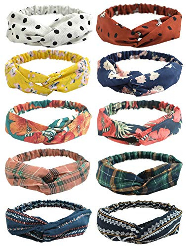 DRESHOW 10 Stück Damen Boho Stirnband Kopfband Haarband Gedruckt Stirnbänder Knoten Verdrehtes Elastische Kopf Wickeln Niedlich Haarschmuck für Mädchen