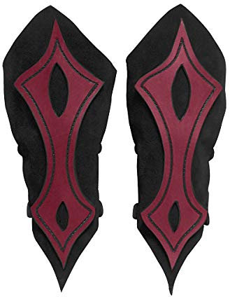 Andracor - Leichte Armstulpe aus Veloursleder - spitz zulaufende Armschützer mit Verzierung und Schnallen - Schwarz/Rot