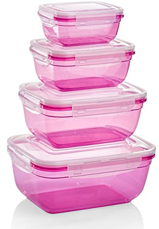 Grizzly 4er Set Frischhaltedosen (0,4L, 0,8L, 1,4L, 2,3L), rechteckig, Kunststoff, 100% luft-/wasserdicht, mikrowellengeeignete Vorratsdosen, Berry