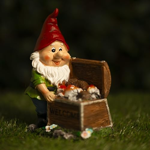 Garden Mile Solar Powered Garden Gnome with Welcome Sign & LED Treasure Chest - Weatherproof Resin Light Up Garden Statue - Outdoor Garden Ornaments for Patio, Lawn, Yard and Garden Decorations