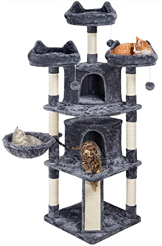 Yaheetech Kratzbaum 175 cm Katzenkratzbaum Stabil Katzenbaum mit 2 Katzenhöhlen und 3 Aussichtplattformen Sisal Katzenspielhaus, Dunkelgrau