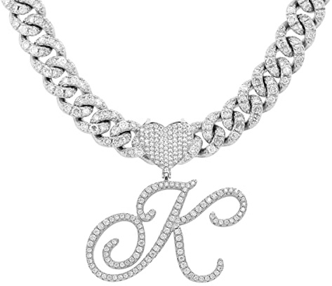 BLBLJERY K Initial Necklace Silver Cuban Link Chain for Women Iced Out Chain with Heart Letter Pendants Custom Chain Name Necklace Hip Hop Jewelry Gift