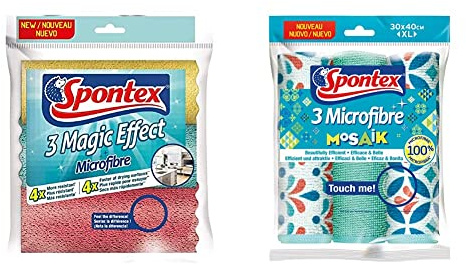 Spontex Magic Effect Microfibre Cloths, Pack of 3 & Mosaik Microfibre Cloths 3pk