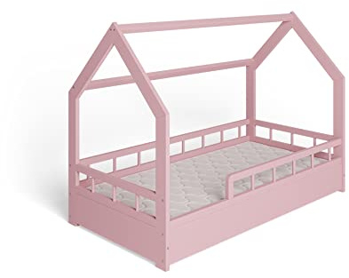 ms factory Hausbett mit Matratze Kinderbett 80x160 cm mit Rausfallschutz und Lattenrost - Einzelbett aus Kiefernholz für Mädchen und Junge - Rosa
