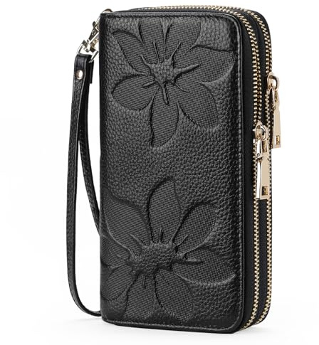 GOIACII Women's Wallet Large Capacity Double Zip Around Credit Card Holder Leather Ladies Wallet with RFID Blocking Phone Wristlet Purse Black