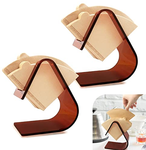 2Pack Luxuriously Polished 5MM Thick Acrylic Coffee Filter Holders (Fit All Size), Cone Coffee Filter Holder (with 8 Anti-Slip Pad), Coffee Paper Storage Container for Kitchen Restaurant Bar(Brown)